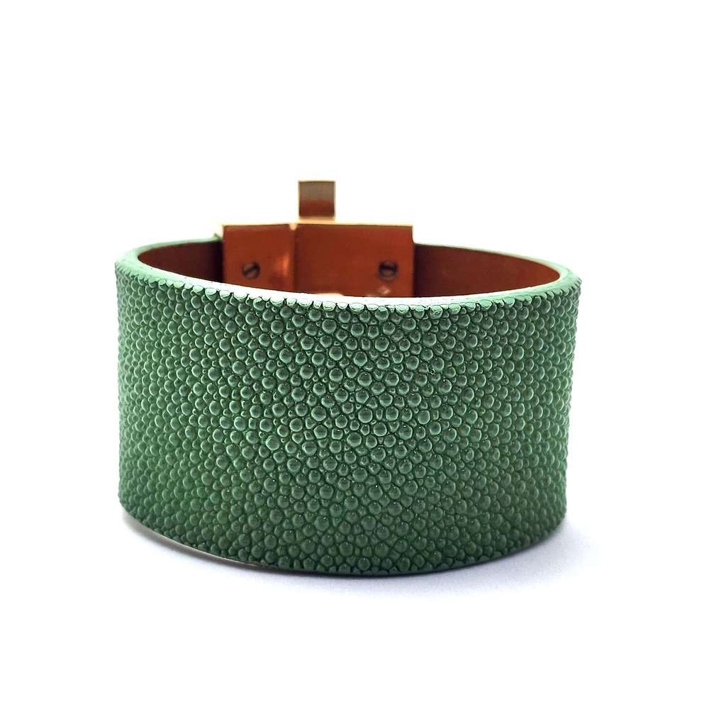 Leighelena Wide Jigsaw Cuff Bracelets—Genuine Stingray Avocado Green - Picture 5 of 16